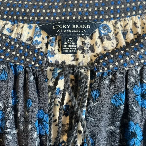 Lucky Brand Women's Floral Print 3/4 Sleeve Boho Blouse Tie Neck Blues Large - Picture 5 of 9